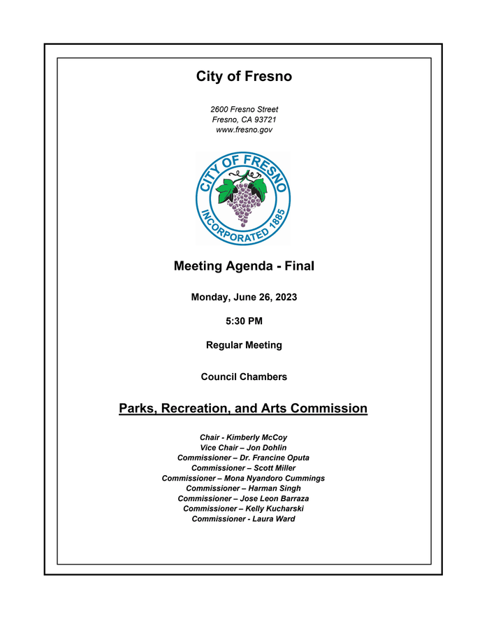 Fresno Parks, Recreation, and Arts Commission 20230626 (AGENDA