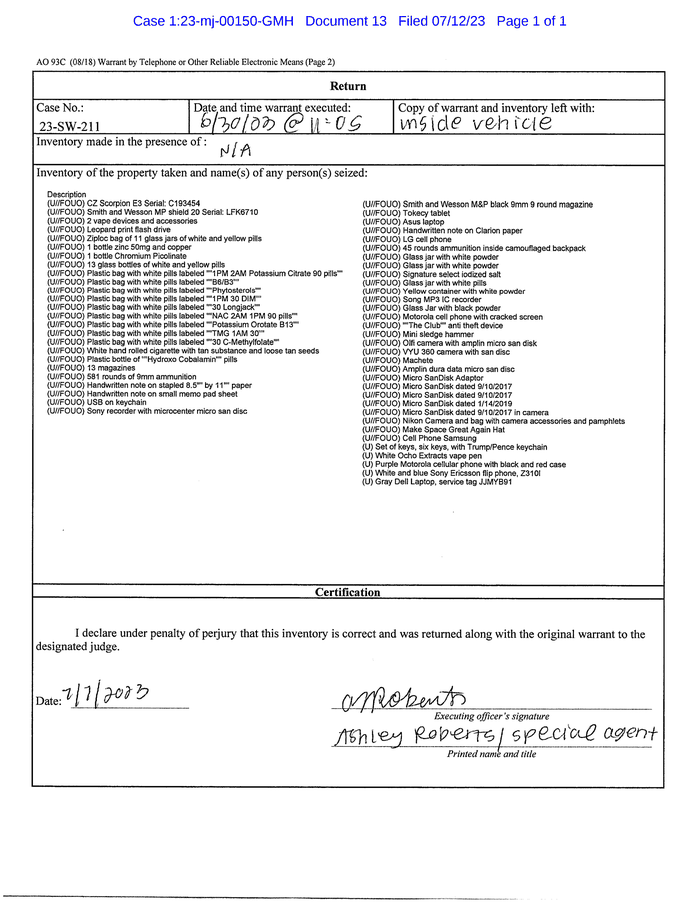 13search warrant return DocumentCloud