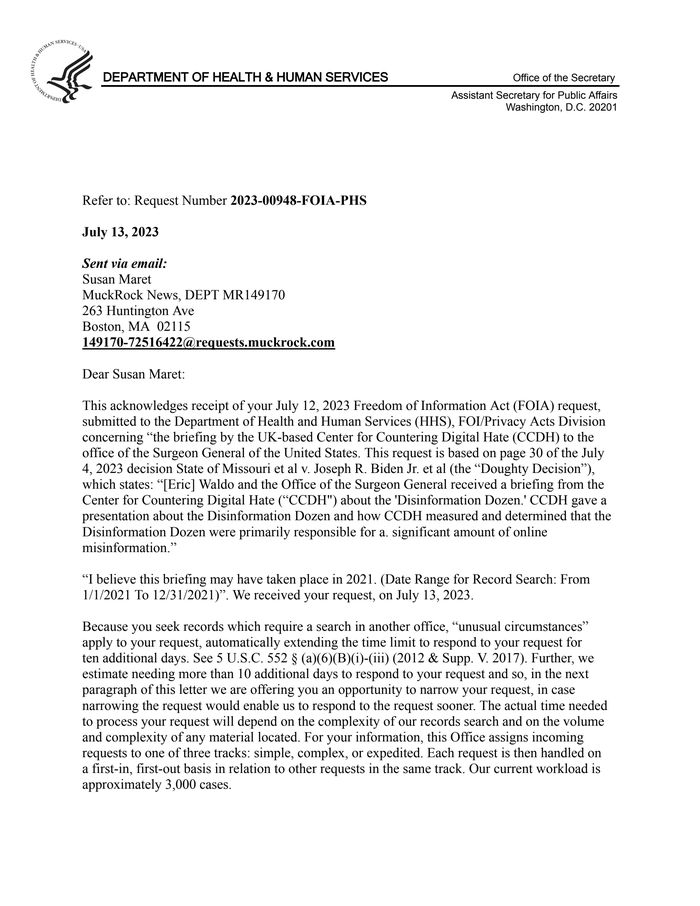 HHS Acknowledgment Letter, 2023-00948-FOIA-PHS - DocumentCloud