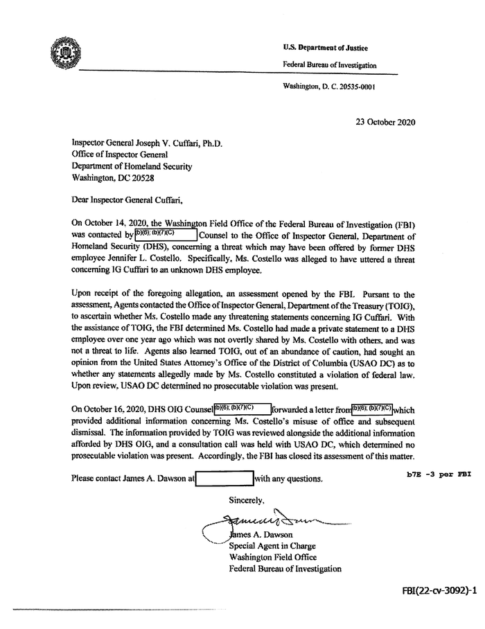 Fbi Letter To Dhs Oig 20230303 Foipa Request 1581580-000-ns - Documentcloud