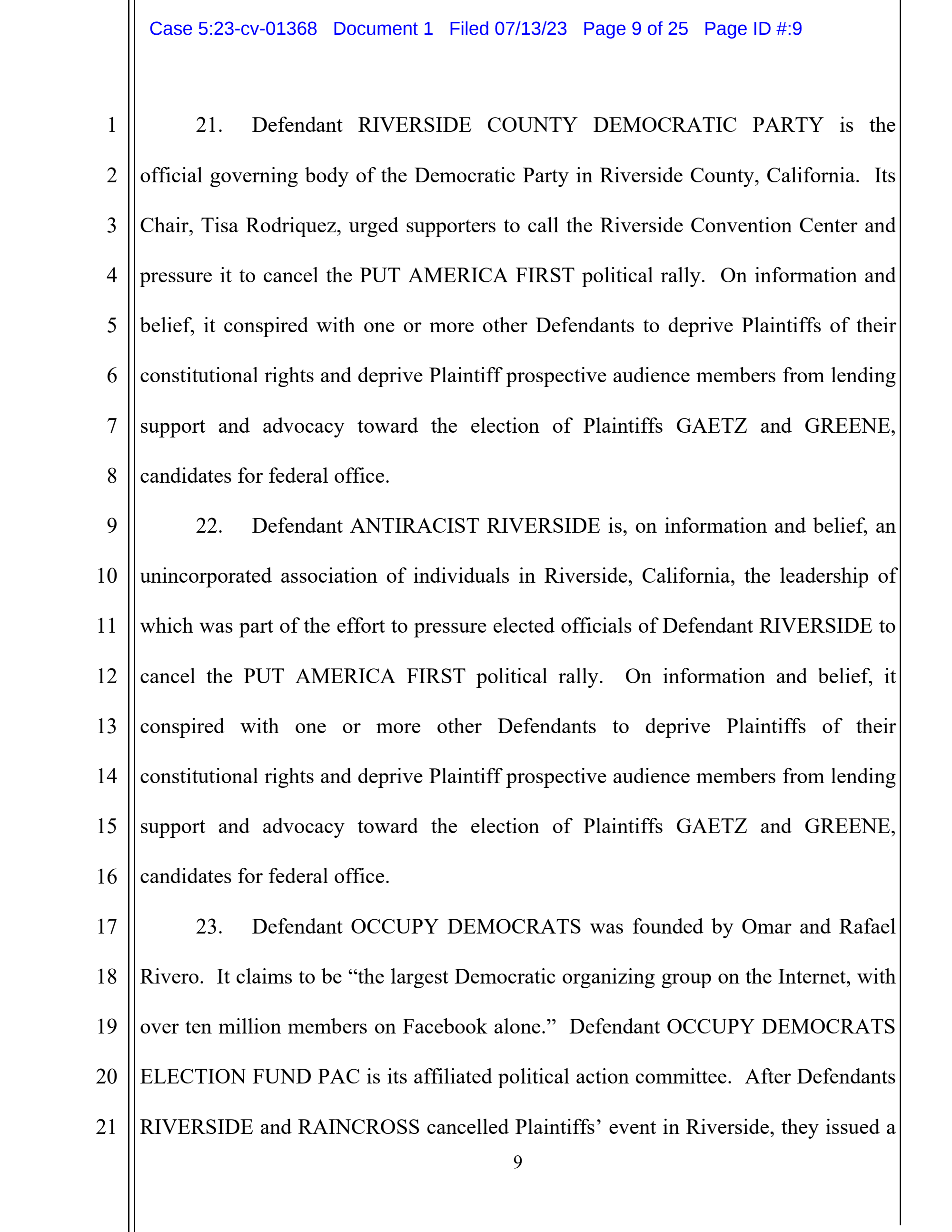 Page 9 of Gaetz & Greene v. Occupy Democrats Complaint