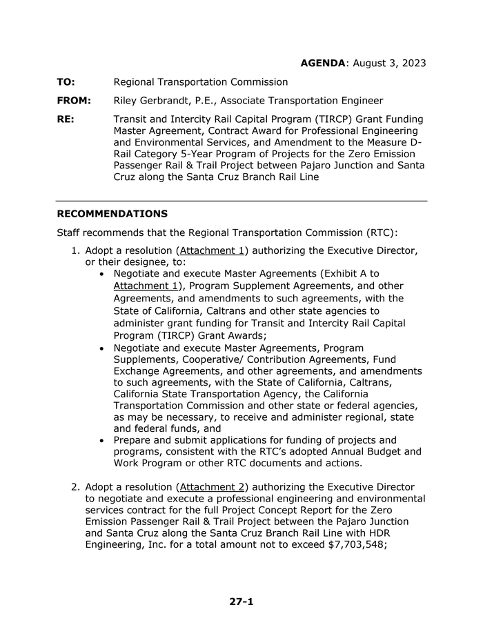 Contracts for Santa Cruz County railtrail, August 2023 Santa Cruz County Regional