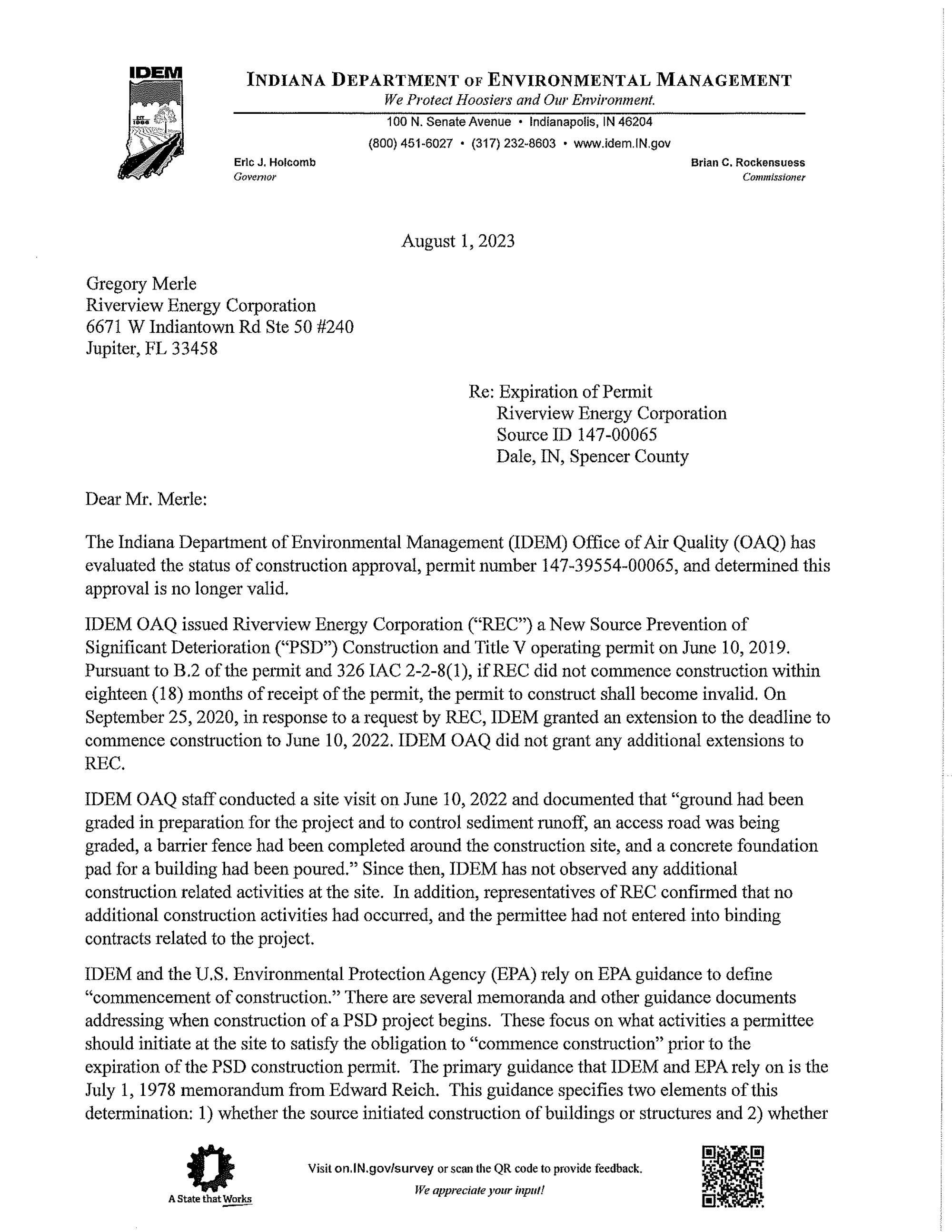 Riverview Energy Corporation Letter From Idem Office Of Air Quality Aug 