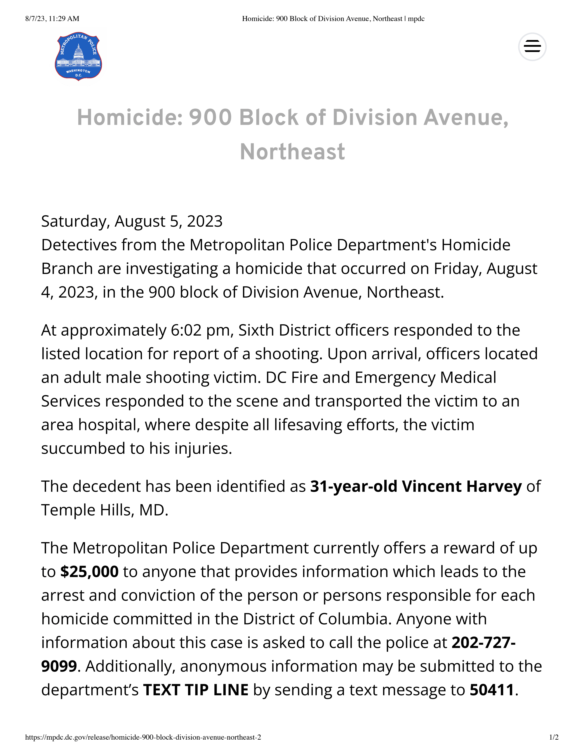 Page 1 of 8.5.23 Homicide_ 900 Block of Division Avenue, Northeast _ mpdc