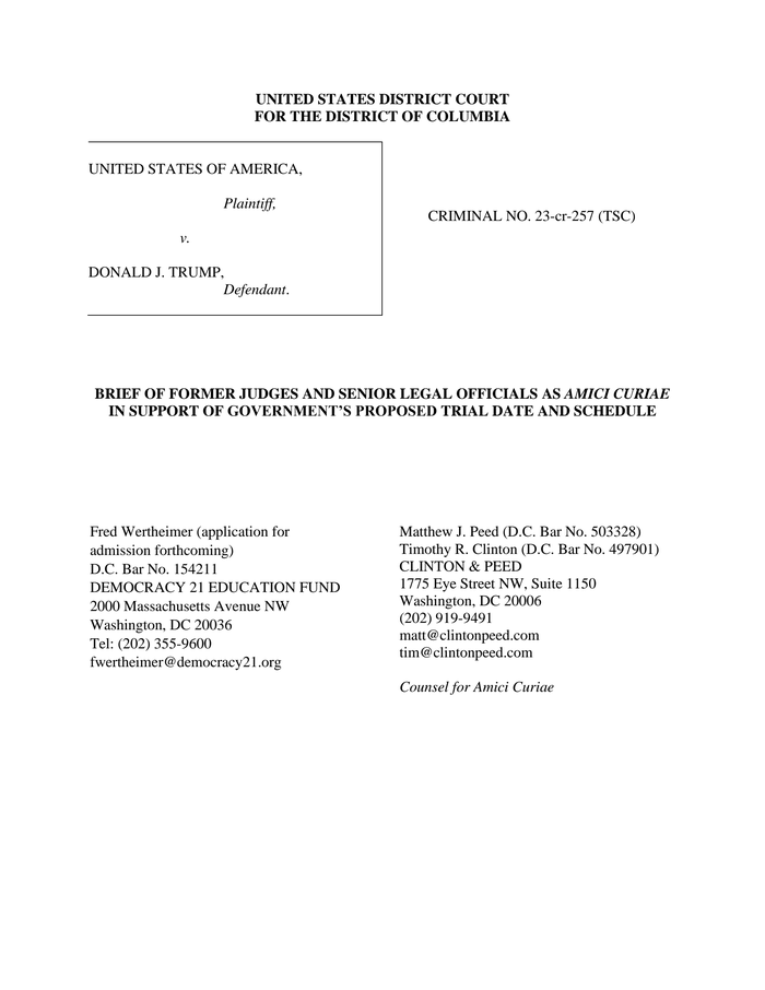 Amicus brief endorsing special counsel's trial date for Trump in