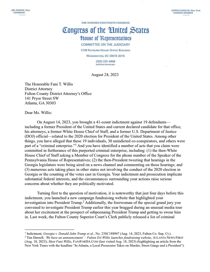 Jim Jordan Letter to Fani Willis - DocumentCloud