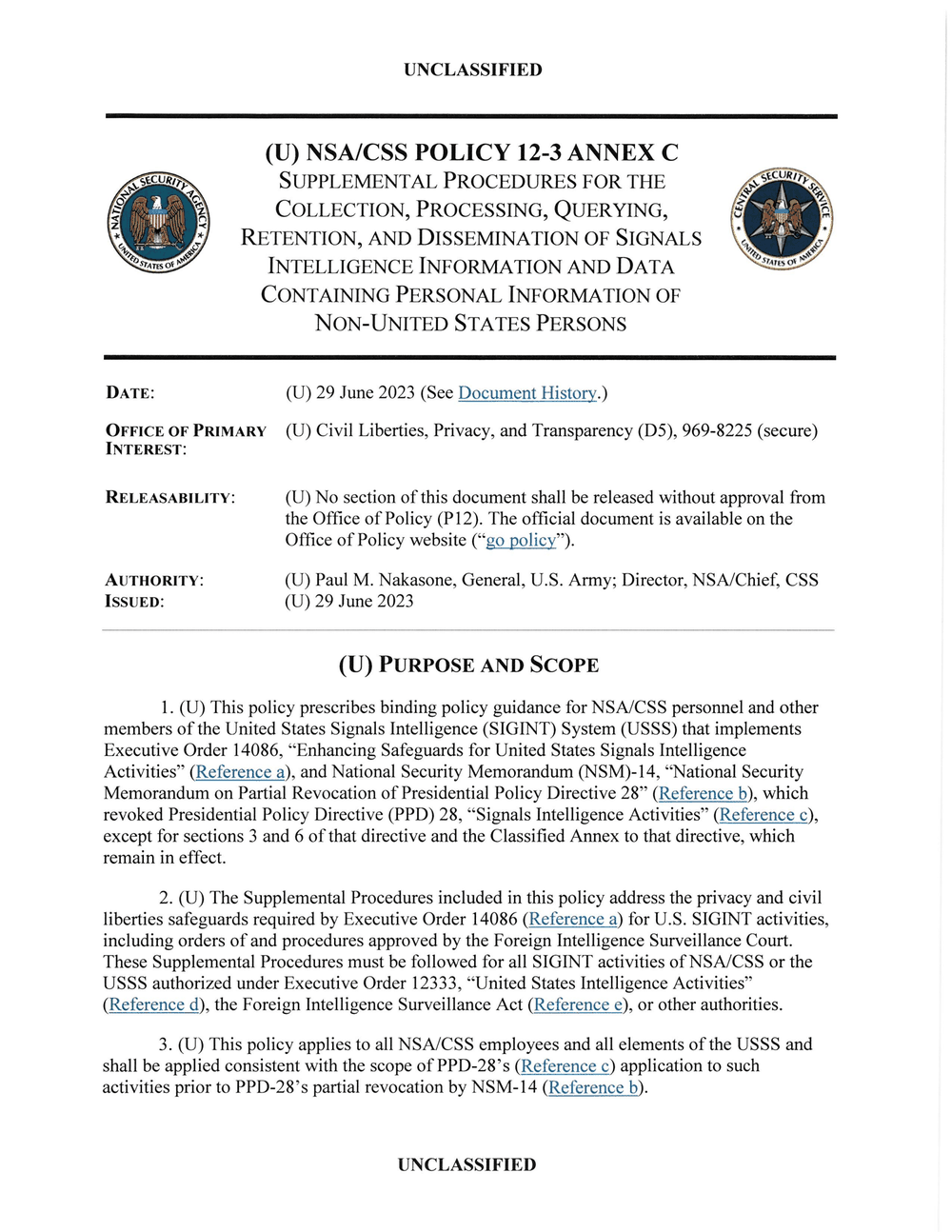 Page 1 from June 2023 NSA Internal Directives for SIGINT