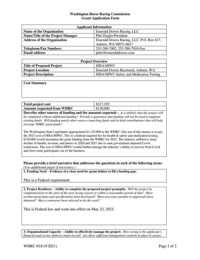 Emerald Downs Grant Application Form HISA Safety - DocumentCloud