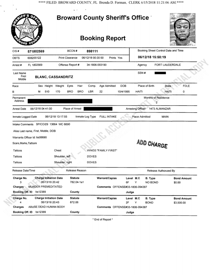 Cassandritz Blanc Probable cause affidavit in Roosevelt Bernard