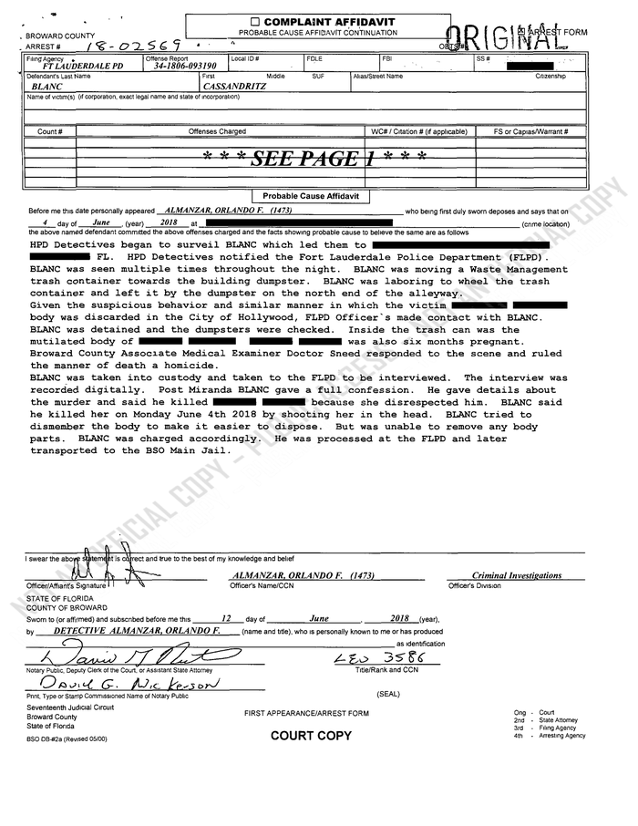 Cassandritz Blanc Probable Cause Affidavit In Martine Bernard Murder