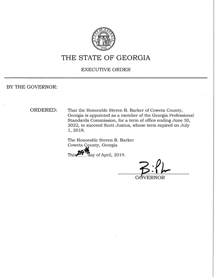 Appointing The Honorable Steven B. Barker As A Member Of The Georgia ...