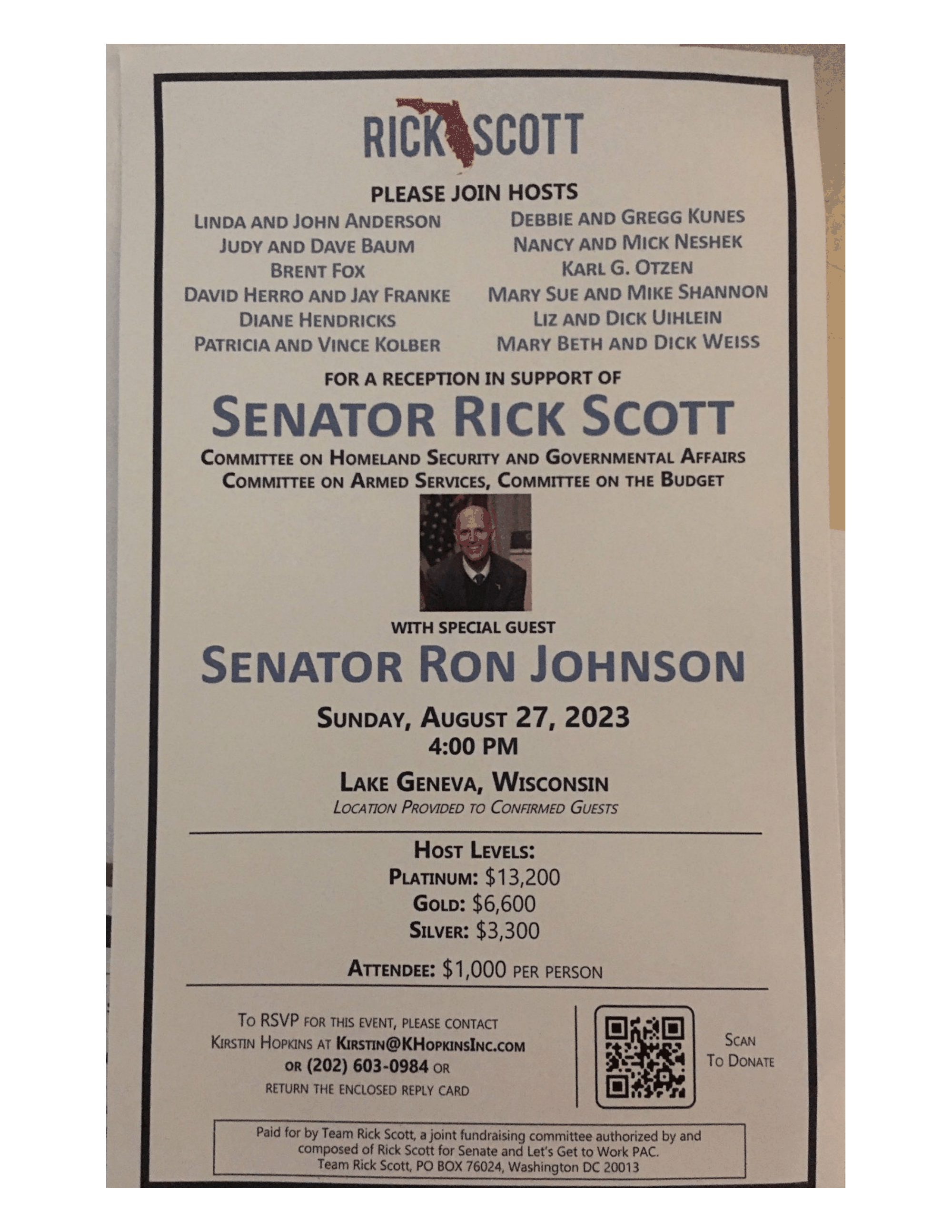 Page 1 of Fundraiser Invitation for Sen. Rick Scott, August 27, 2023