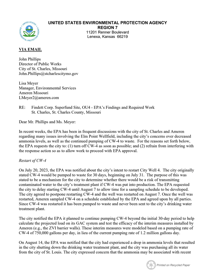 Epa Letter To Ameren And St. Charles Regarding Findett Corp. Superfund 