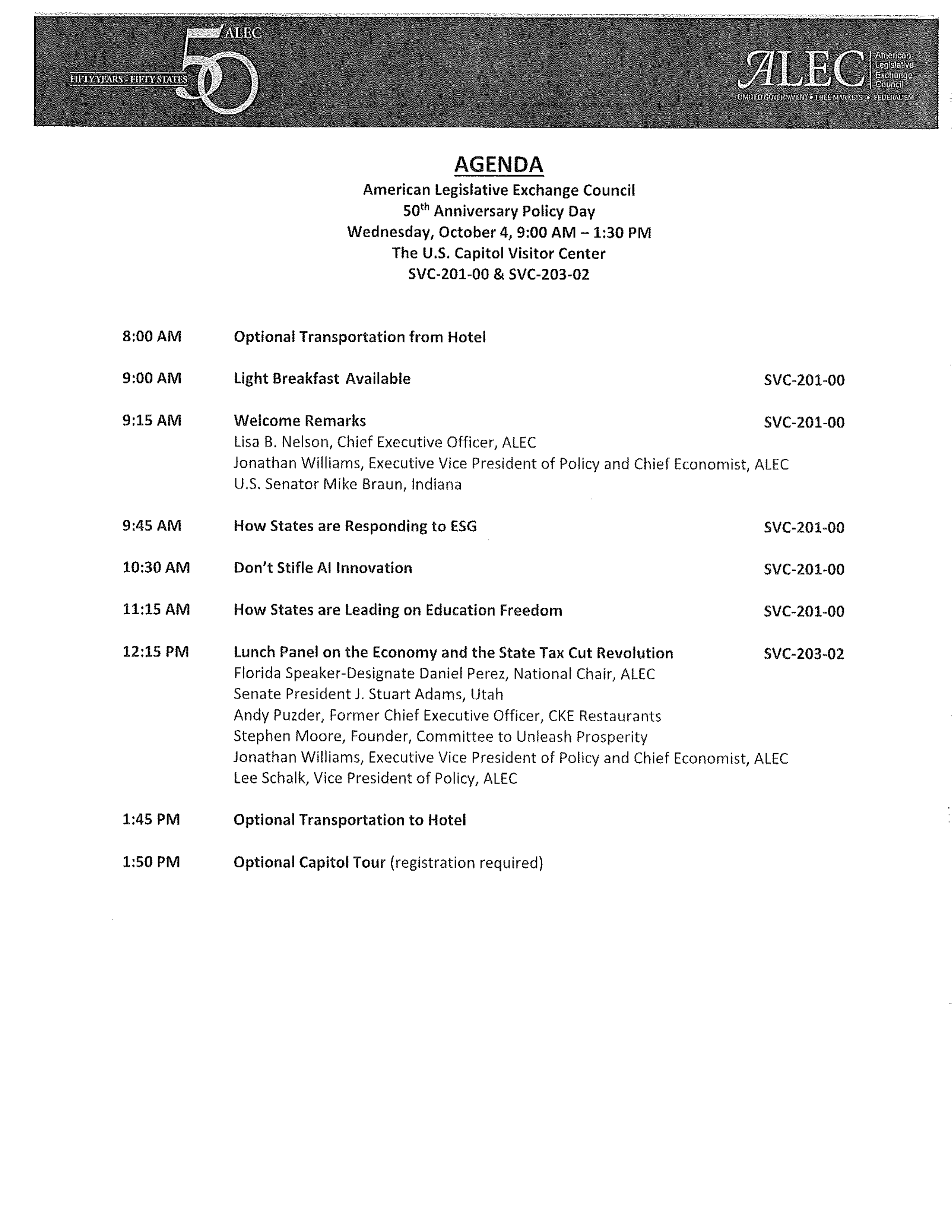 Page 1 of ALEC's 50th Anniversary Policy Day at the U.S. Capitol Agenda, 10.4.23