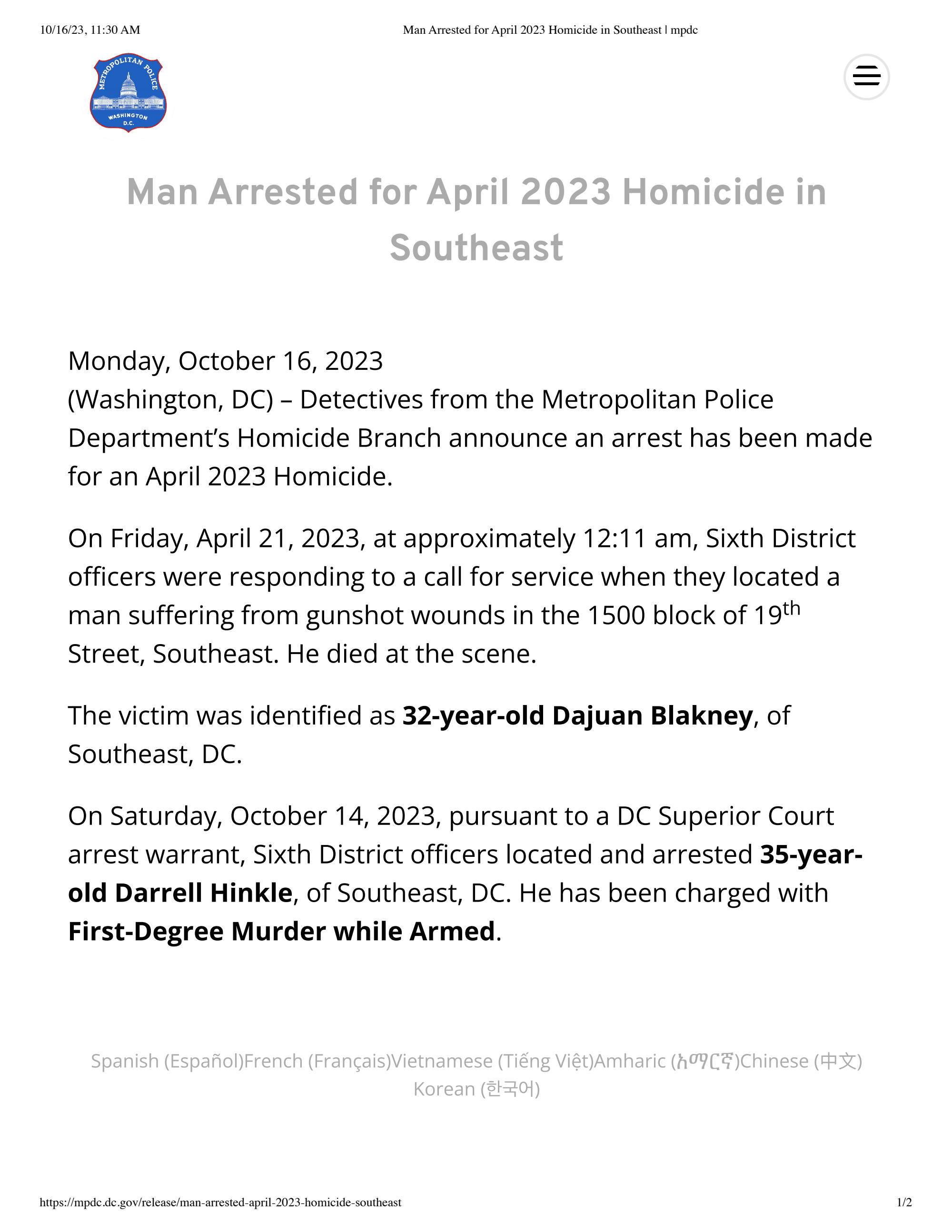 Page 1 of DARRELL HINKLE - Man Arrested for April 2023 Homicide in Southeast _ mpdc