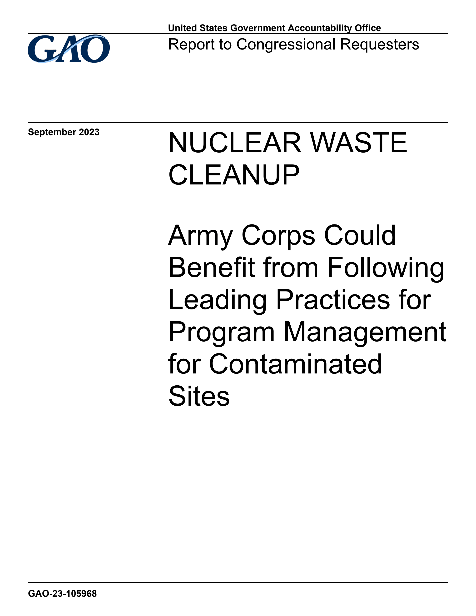 Page 1 of GAO report Nuclear Waste Cleanup September 2023