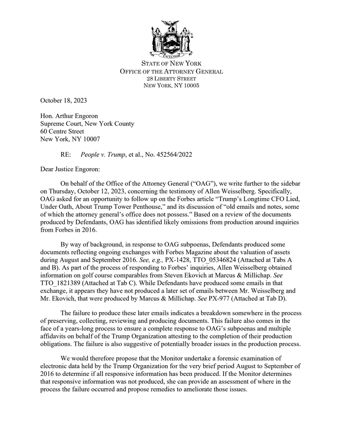 NYAG v Trump AG forbes spoliation letter 2023.10.19 - DocumentCloud