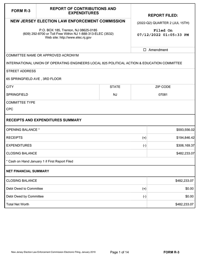 IUOE Local 825 campaign finance report with Fixing New Jersey