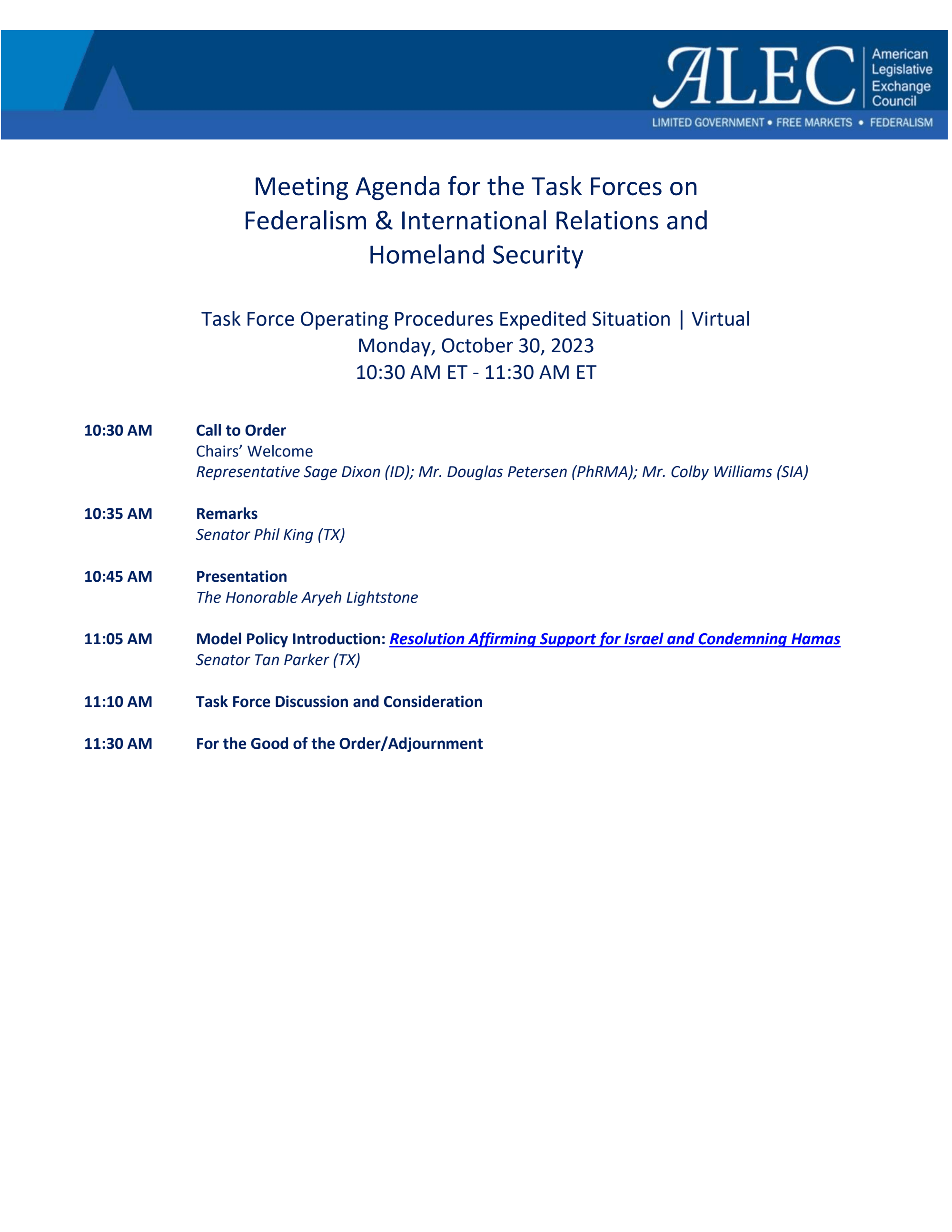 Page 1 of Meeting Agenda for ALEC Task Forces on Federalism & International Relations and Homeland Security, 10.30.23