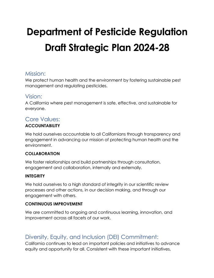 California Department of Pesticide Regulation draft Strategic Plan 2024