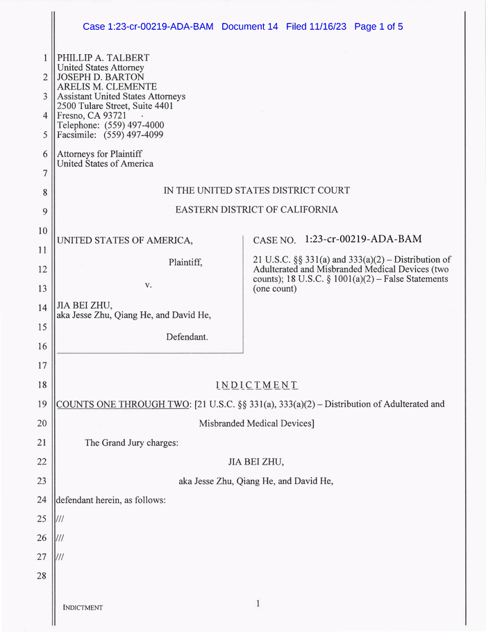 Reedley Lab Jia Bei Zhu Indictment 11 16 2023 Documentcloud