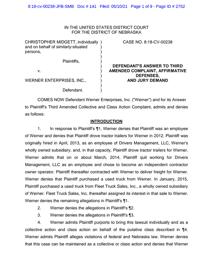 Midgett v Werner answer to amended complaint 2021 - DocumentCloud