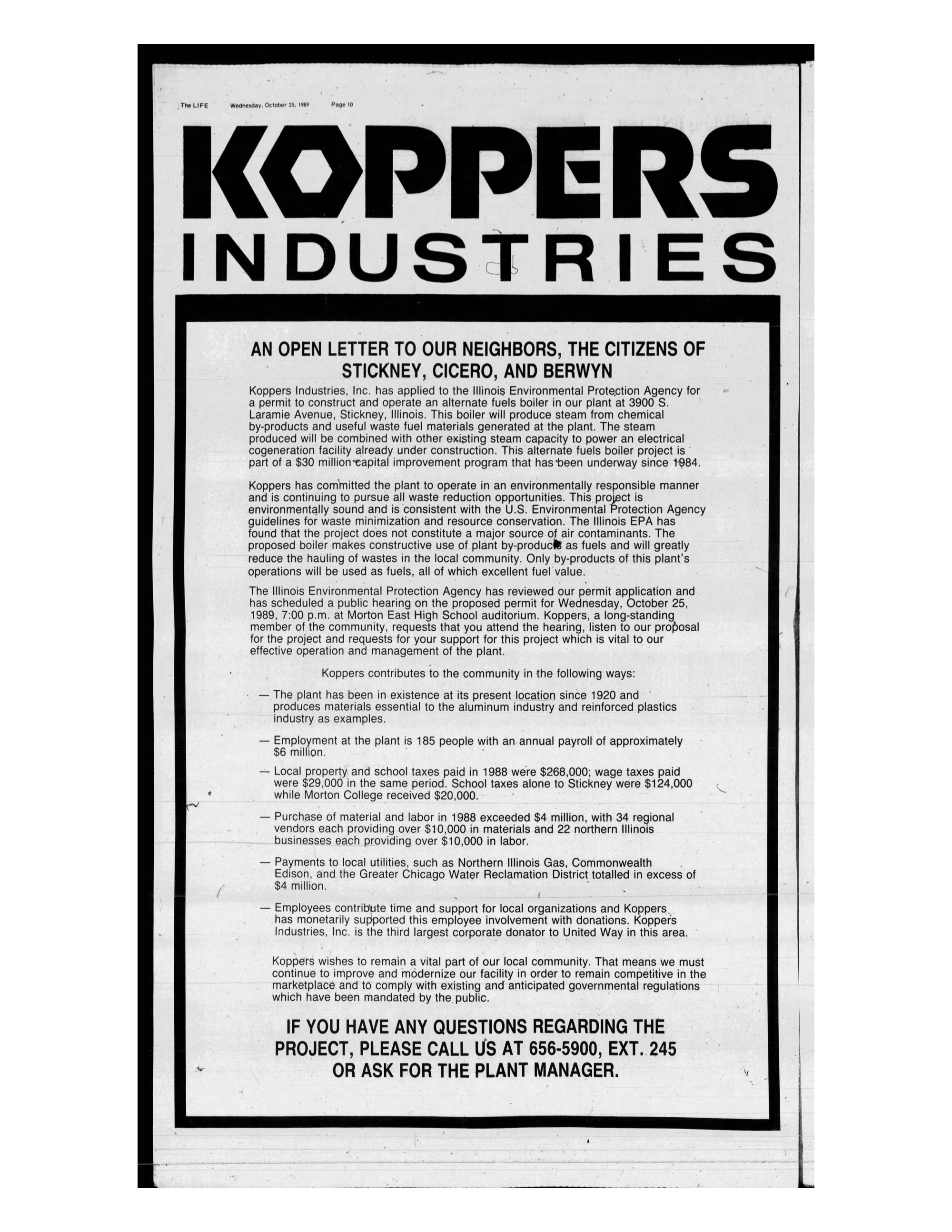 Page 1 of Koppers Letter to Residents Berwyn Life October 1989