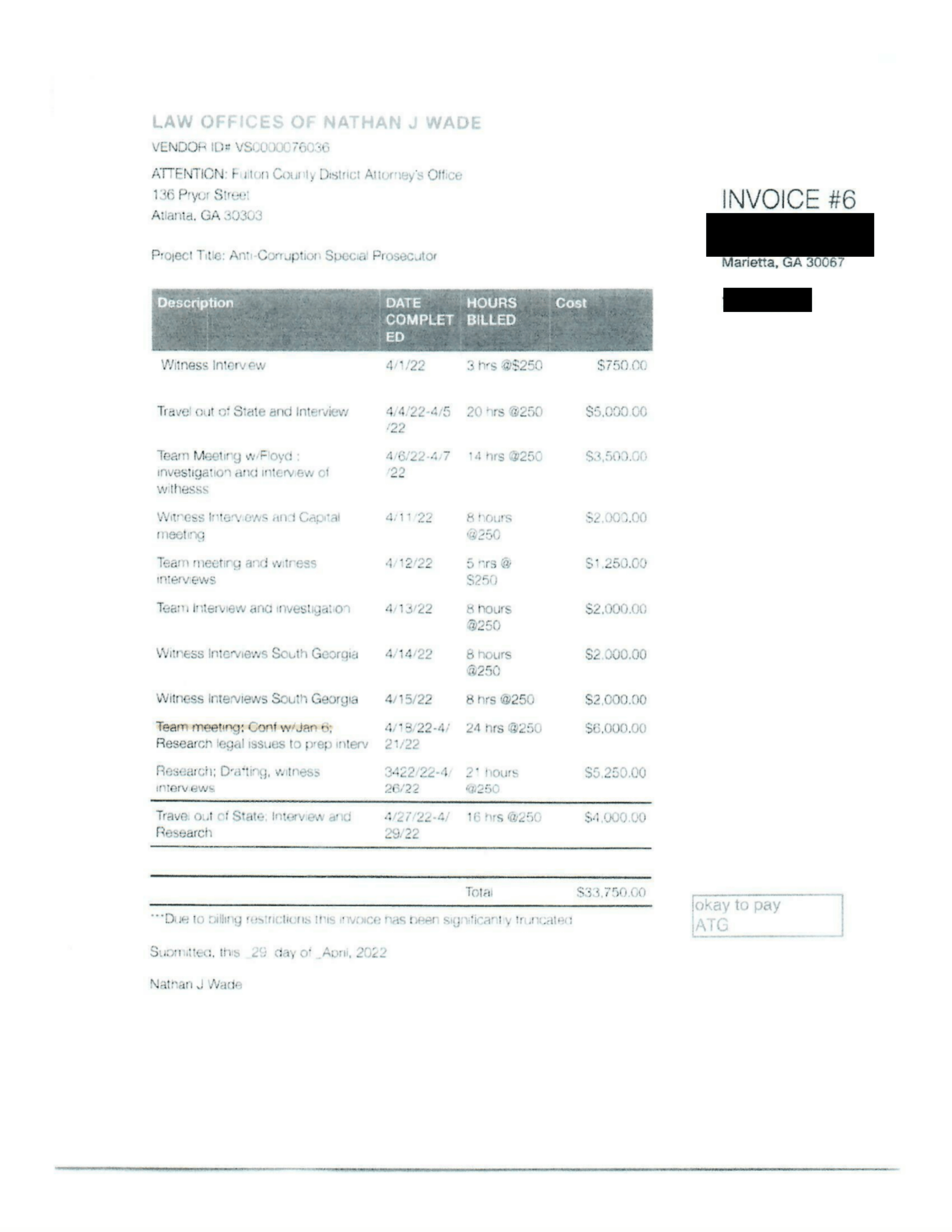 Trump filing with Nathan Wade invoices - DocumentCloud