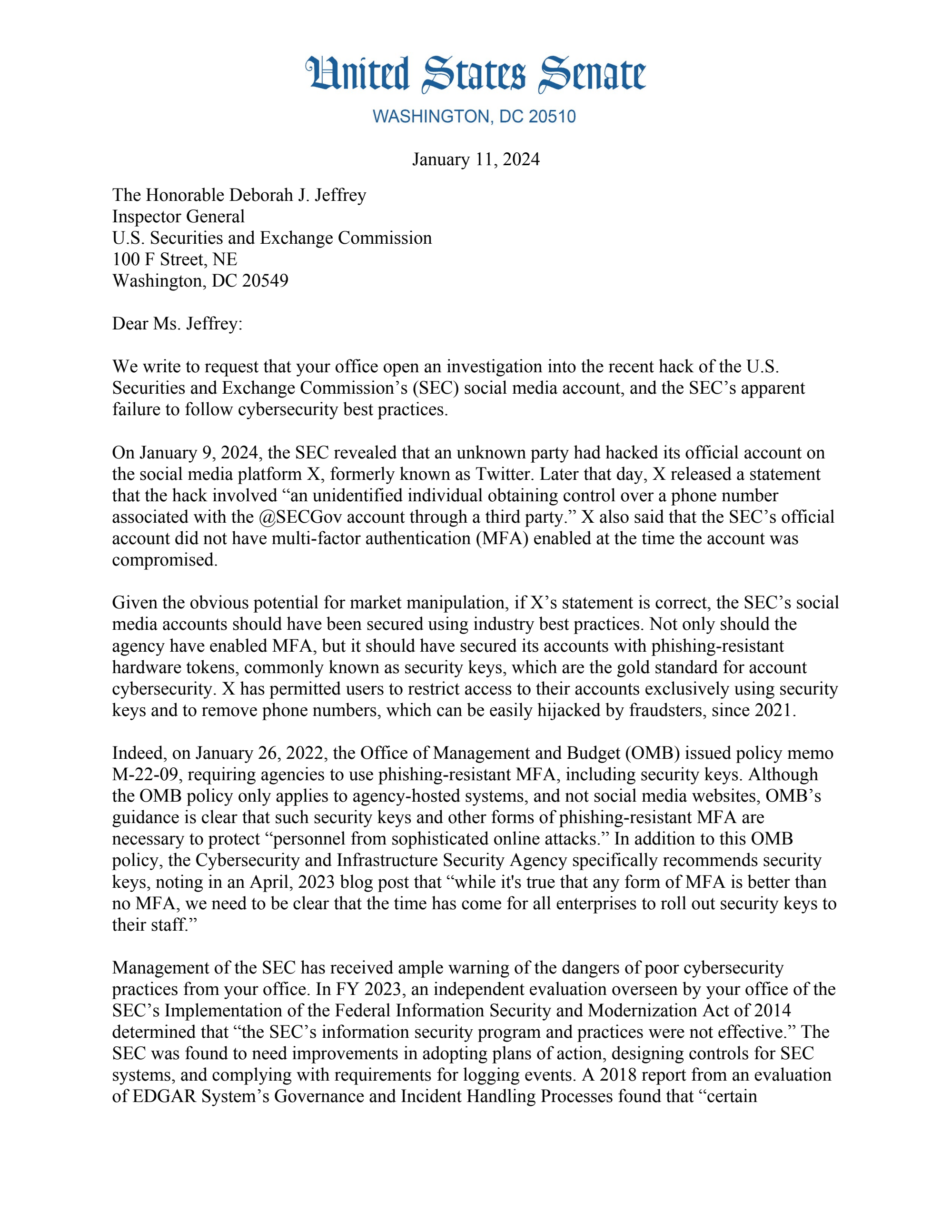 Sec Social Media Hack Letter To Oig - Documentcloud