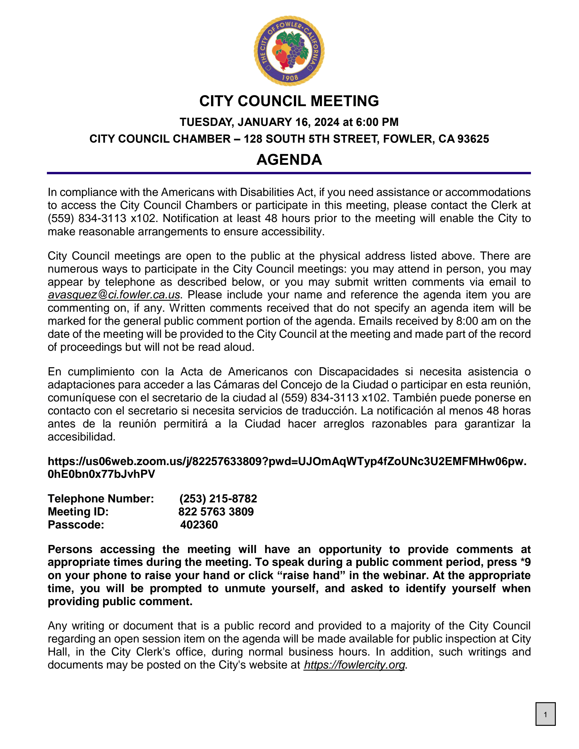 City Council 2024 January 16, 2024 Agenda 20240116 FCCAgenda