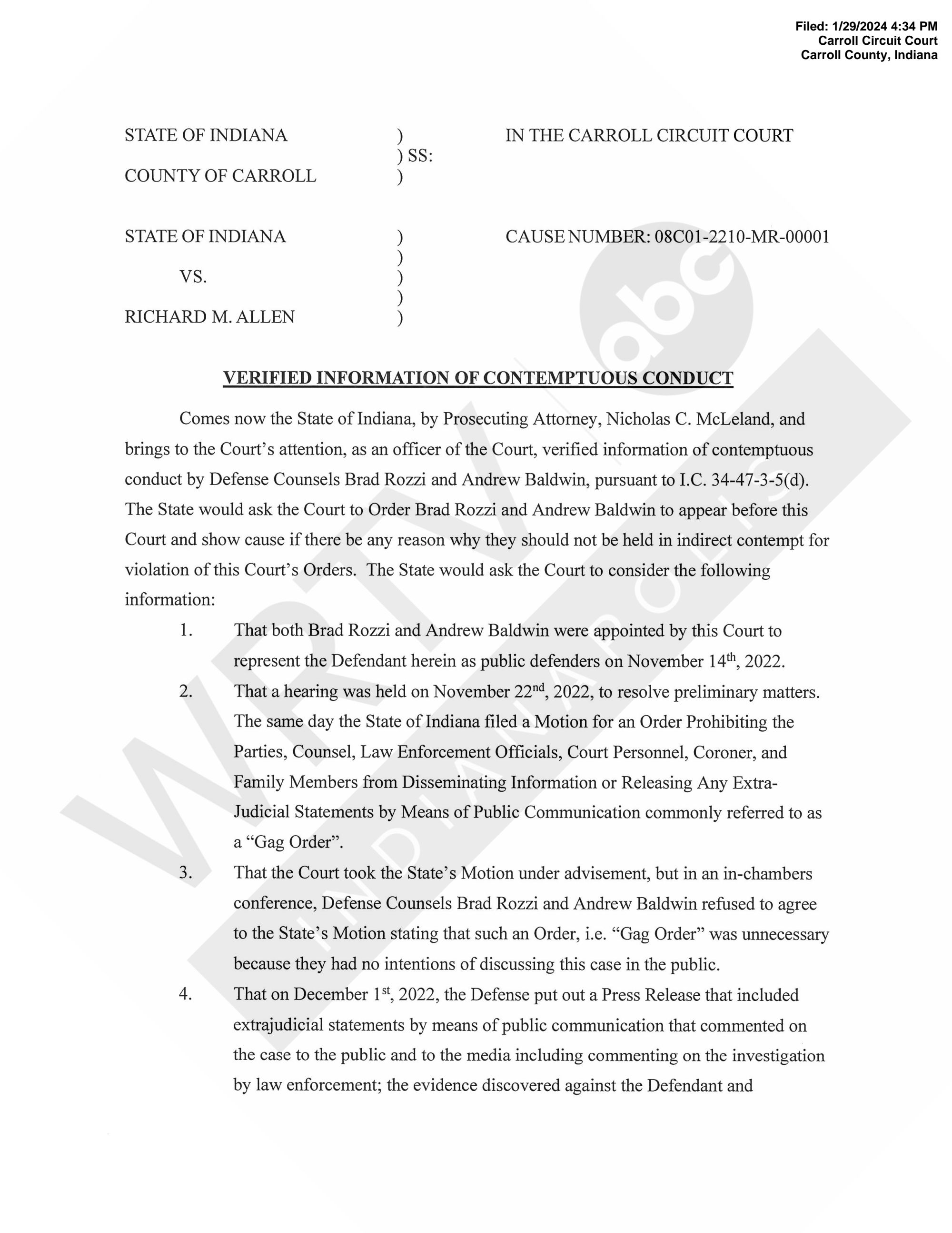 Page 1 of Allen Verified Info of Contempt Conduct WTRMRK