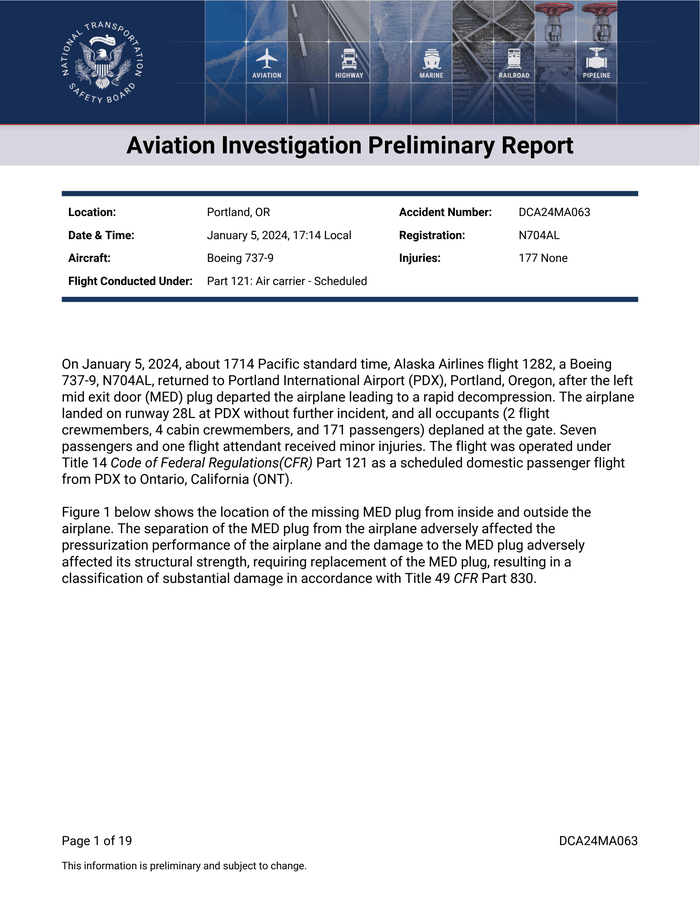 NTSB Boeing 737-9 Aviation Investigation Preliminary Report - DocumentCloud