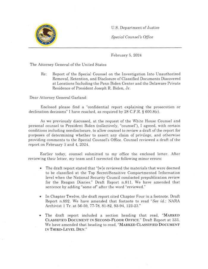 Report From Special Counsel Robert K Hur February 2024 DocumentCloud   Report From Special Counsel Robert K Hur February 2024 P1 Normal 