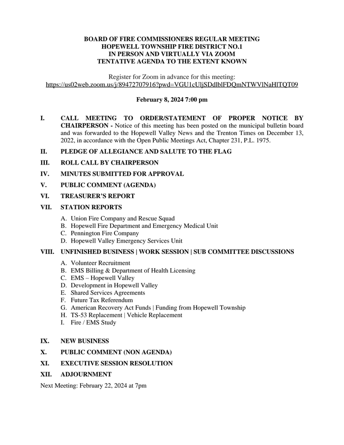 Board of Fire Commissioners Meeting Agenda. The meeting will be held ...