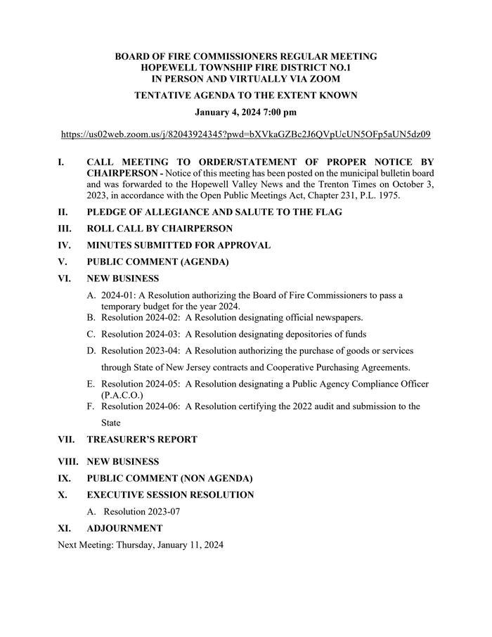 Board of Fire Commissioners Meeting Agenda. The meeting will be held ...