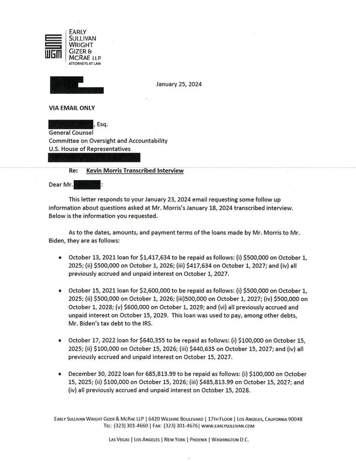 Letter Detailing Kevin Morris's Loans to Hunter Biden (Jan. 25, 2024 ...