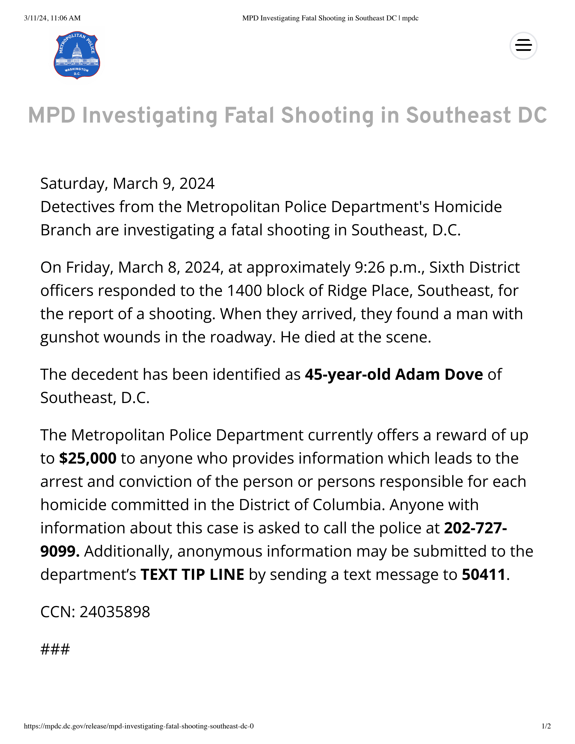 Document: MPD Investigating Fatal Shooting In Southeast DC - D.C. Witness