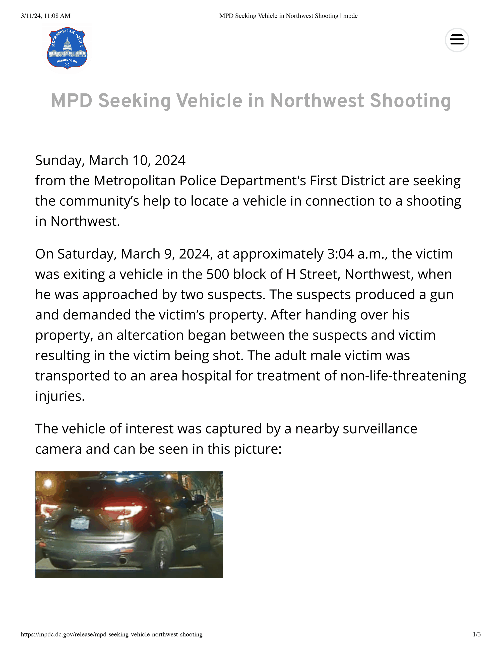 Page 1 of MPD Seeking Vehicle in Northwest Shooting _ mpdc