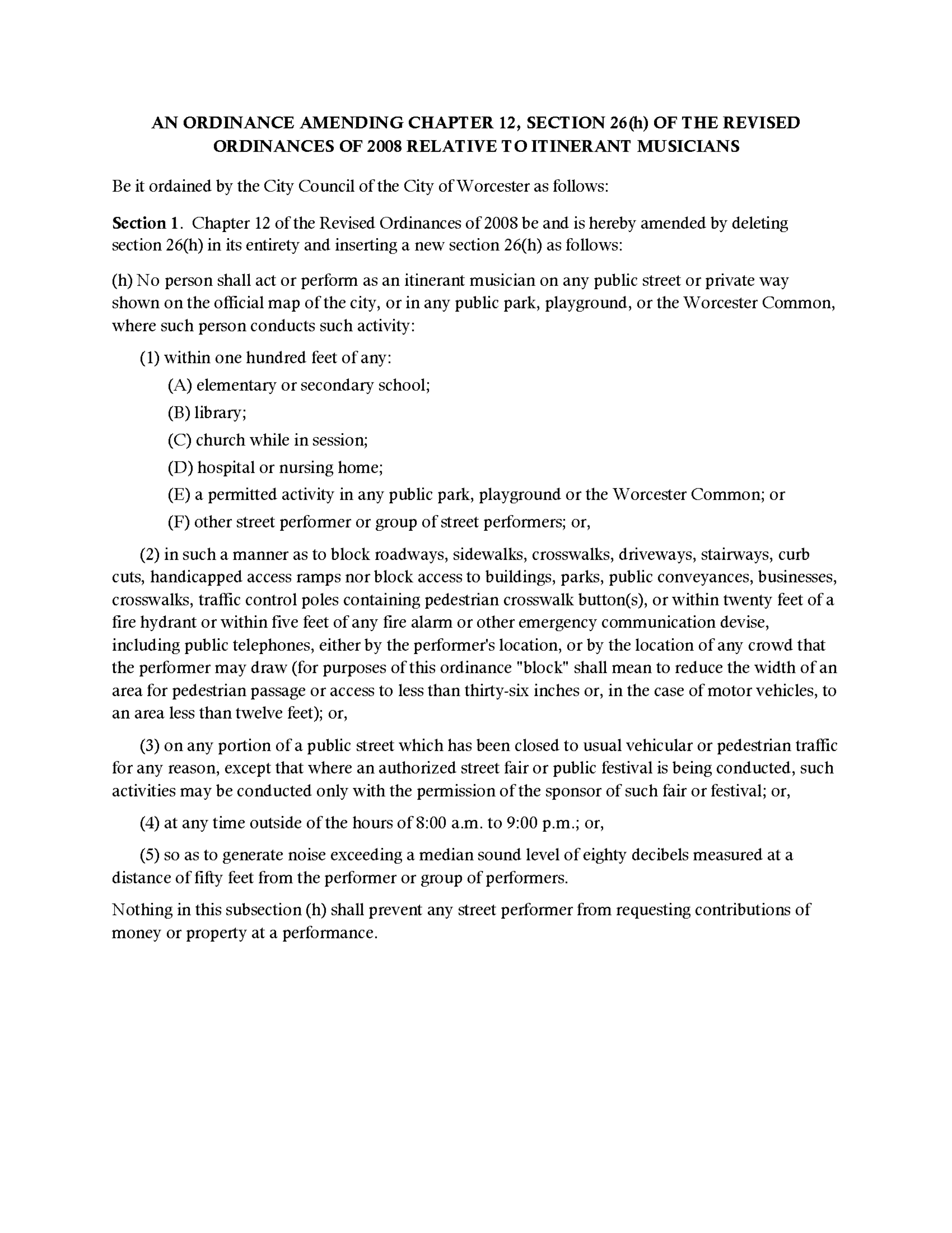Page 5 of Worcester Proposed Busking Ordinance Amendment March 12 2024