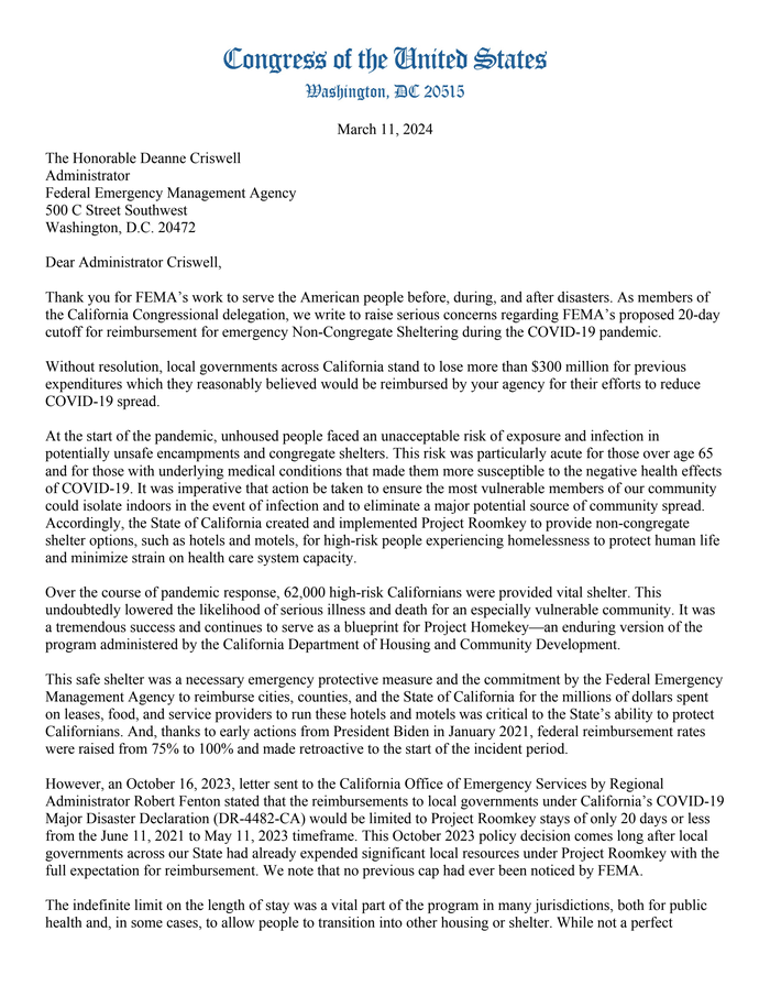 Quill Letter L15222 Letter to FEMA on Project Roomkey