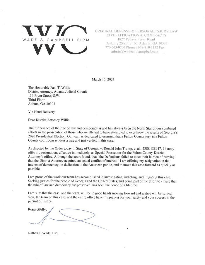 Prosecutor Nathan Wade's resignation letter to Fulton County District ...