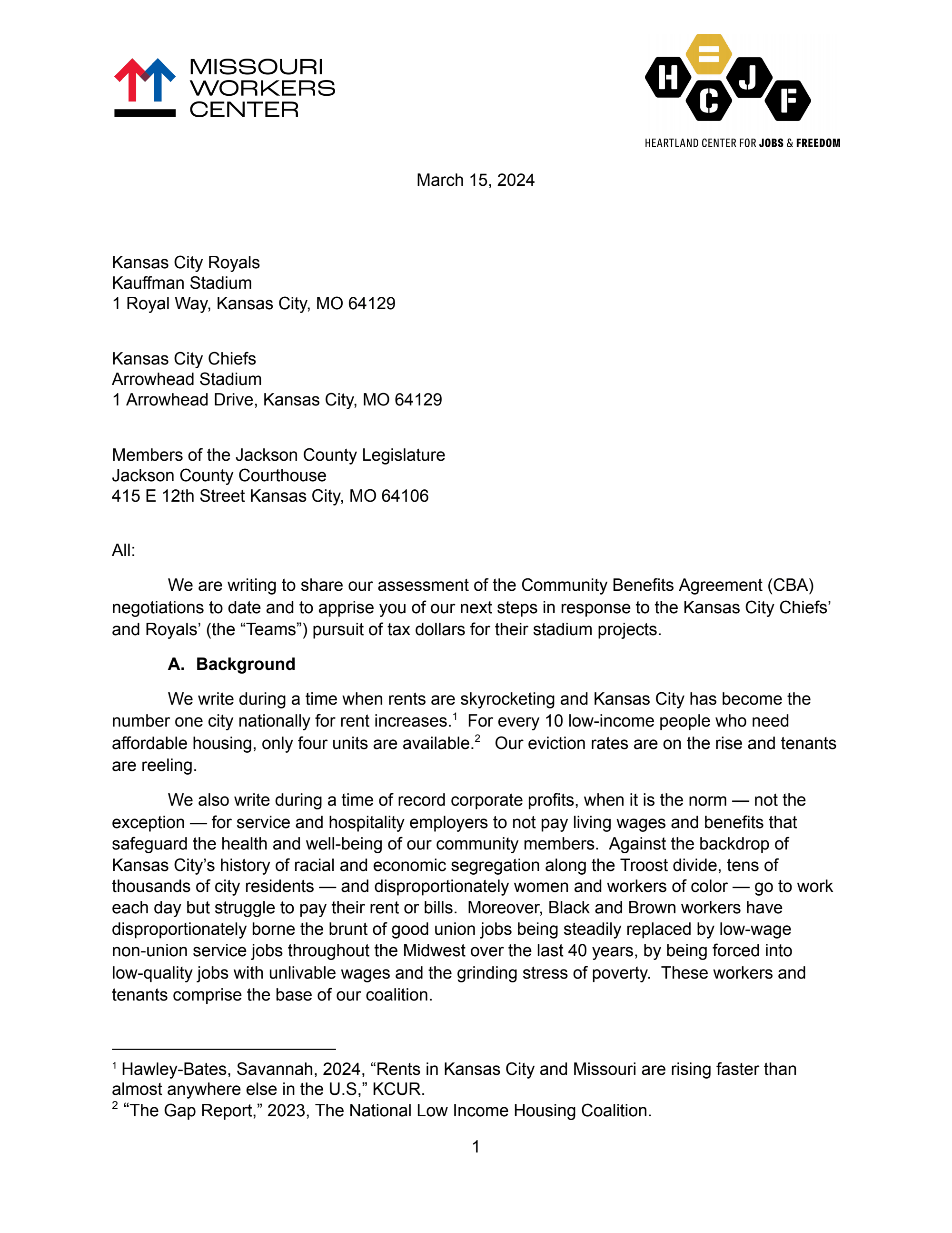 Page 1 of Good Jobs Coalition letter to Royals