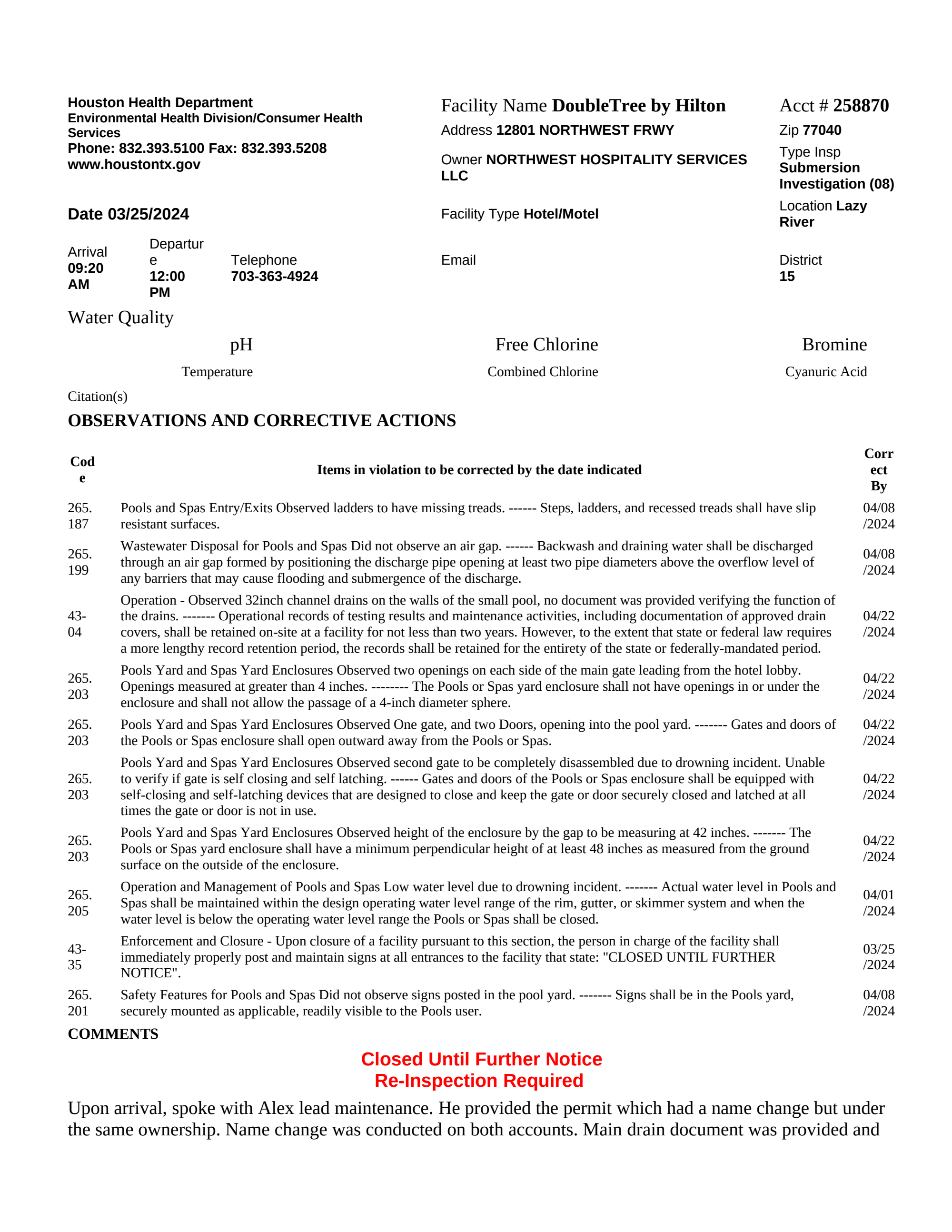 Page 2 of Aquatic Facility Inspection Report