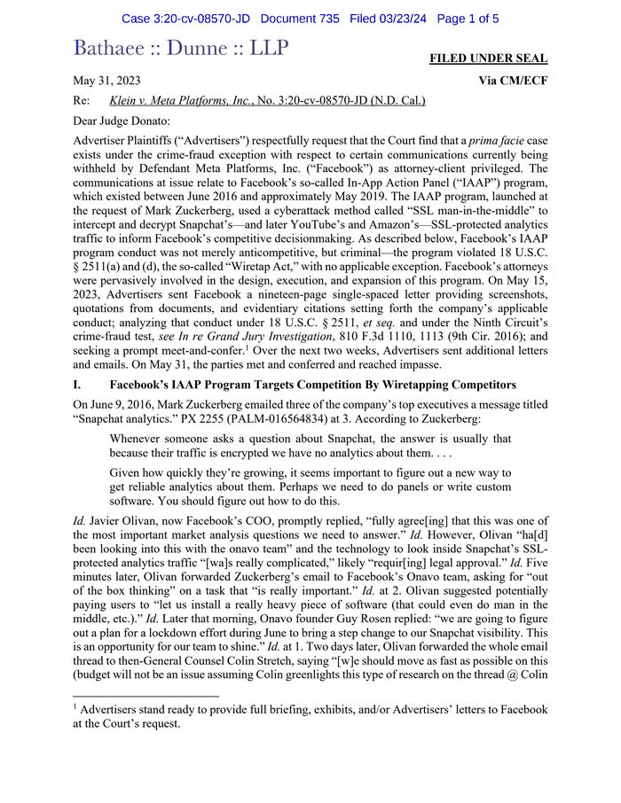 Page 1 of Facebook/Meta class action discovery