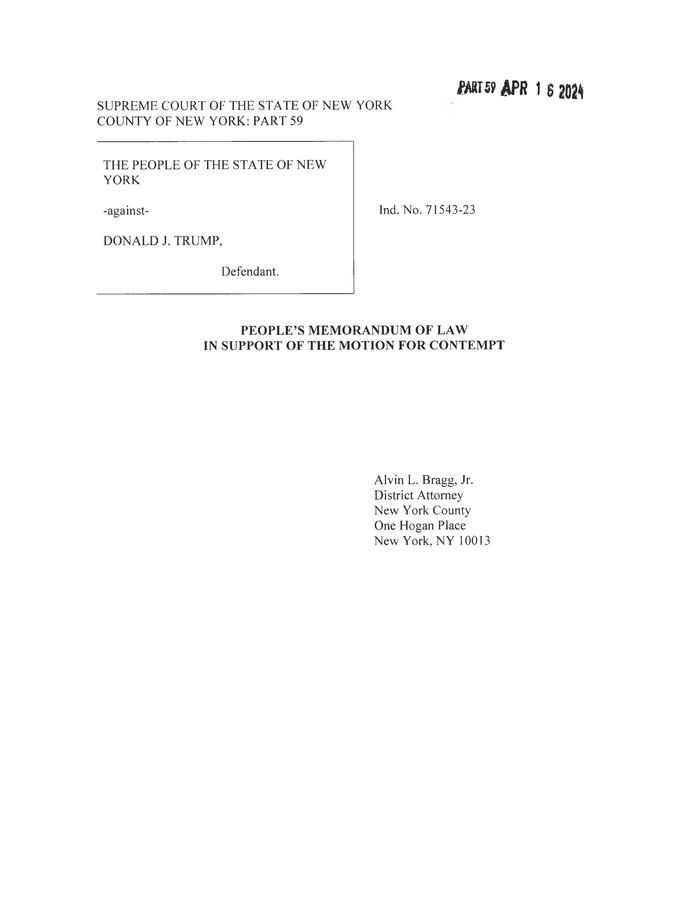 2024.04.15 (People) Mem of Law in Support of Motion for Contempt [FILED ...