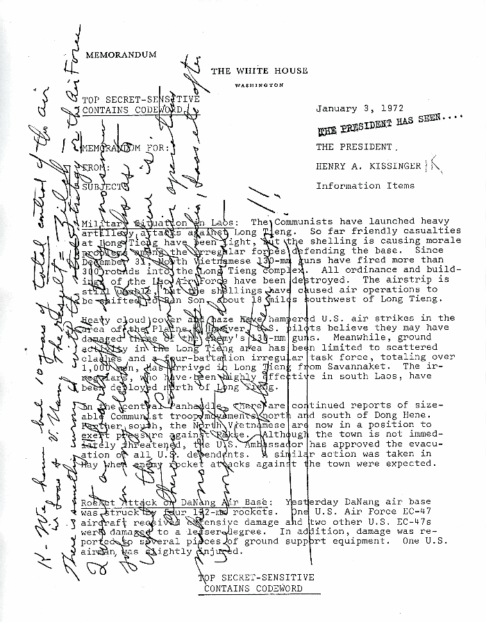 Page 1 of Nixon's 1972 Top Secret memo to Henry Kissinger