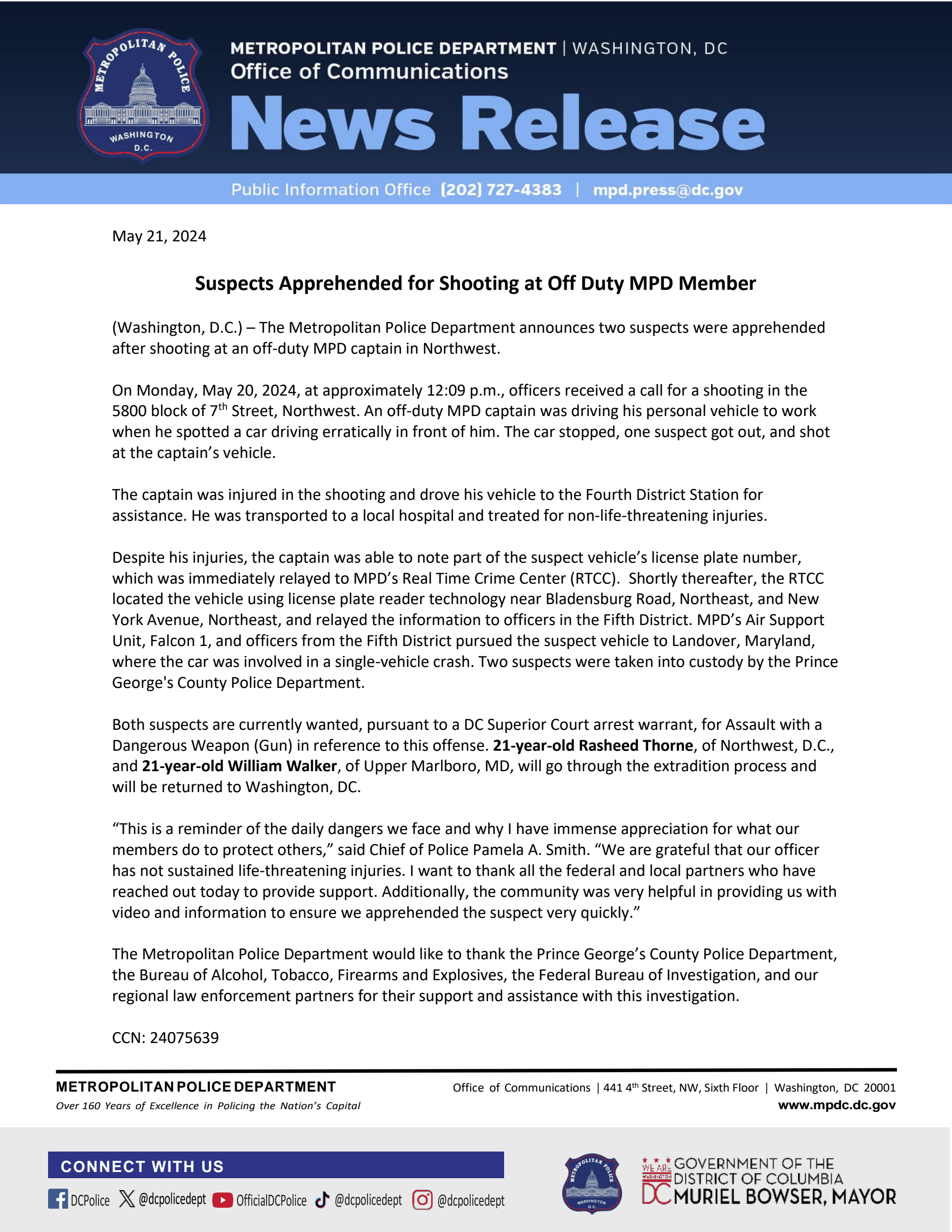 Page 1 of 5.21.24 Suspects Apprehended for Shooting at Off Duty MPD Member Captain 5800 block of 7th Street, NW CCN 24075639
