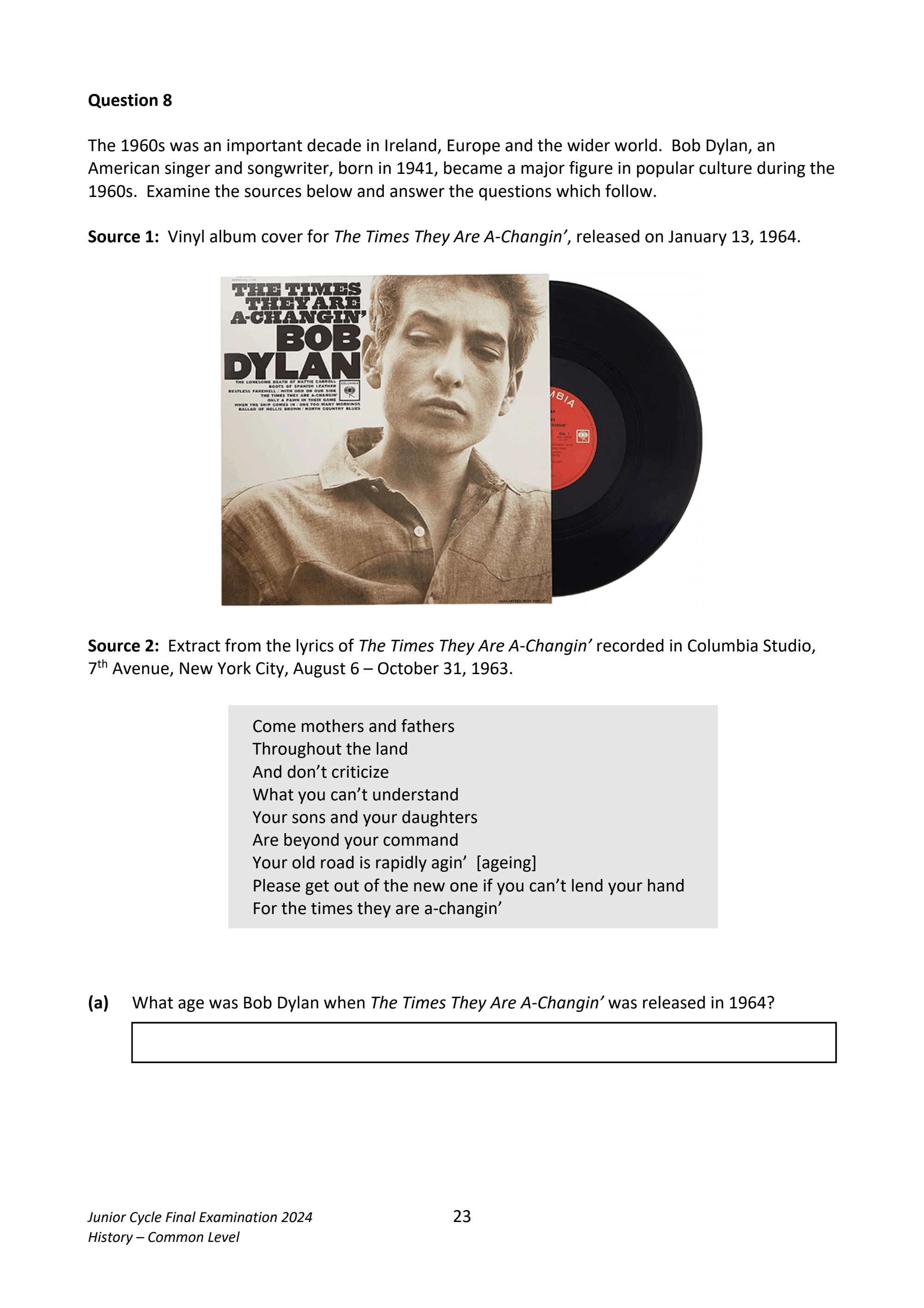 Page 23 of Junior Cycle history - Bob Dylan question