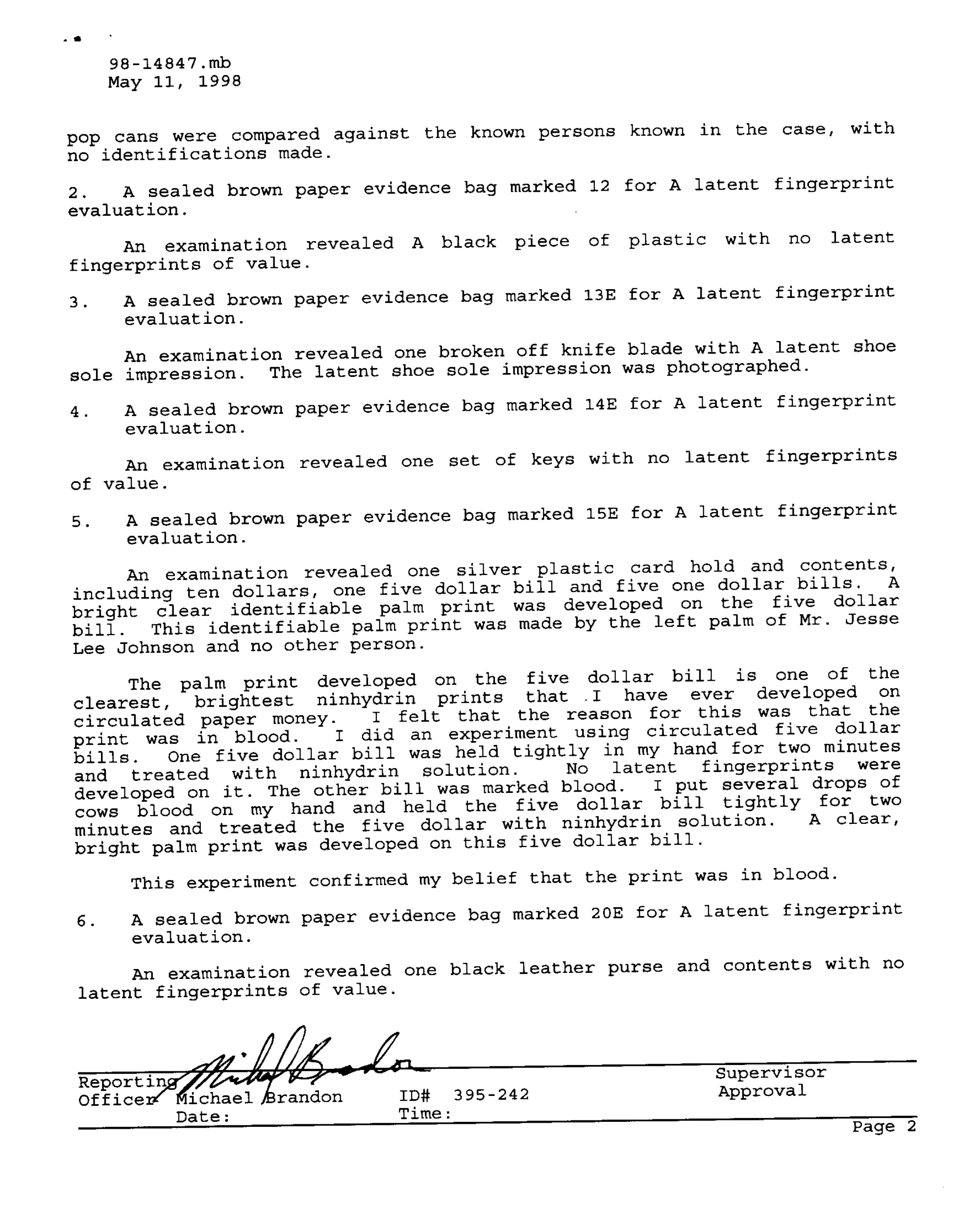 Page 2 of Michael Brandon evidence report May 9, 1998