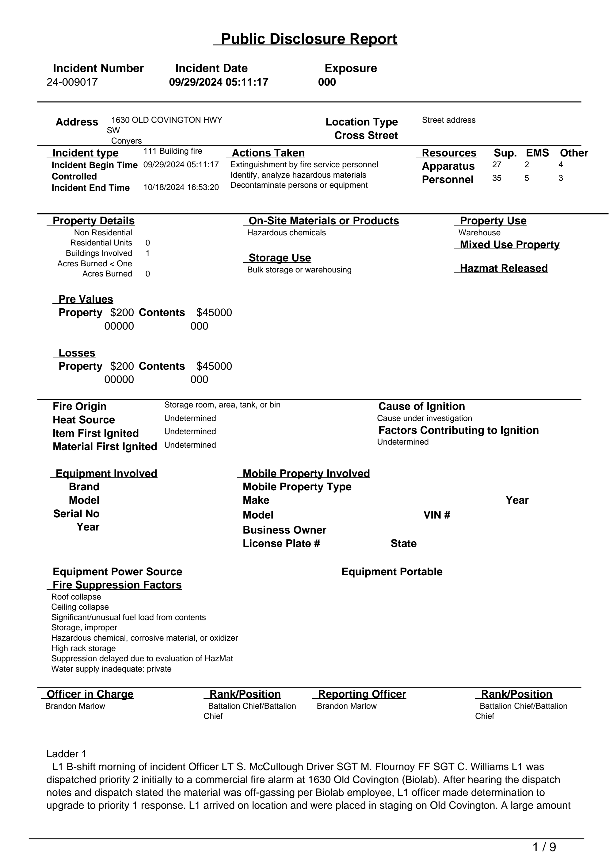 Page 1 of Biolab Incident Public Disclosure Report